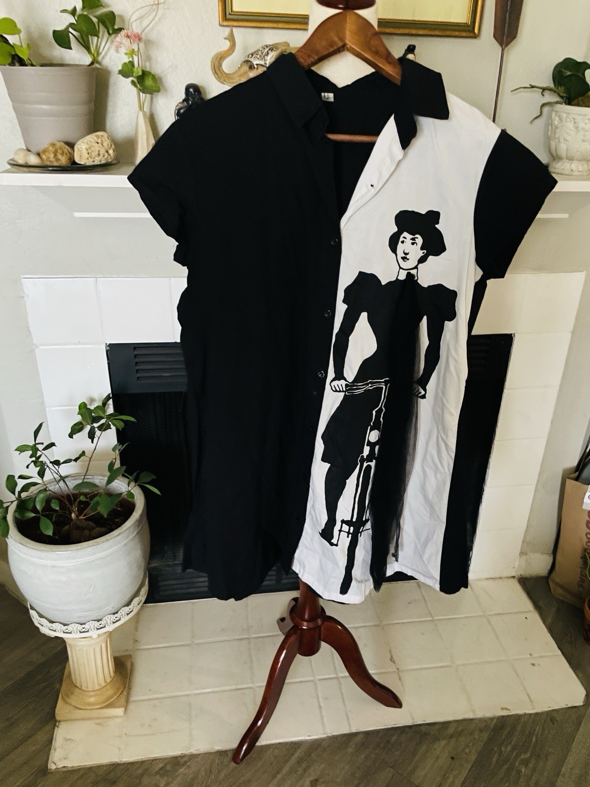 Art Shirt Dress Black White Midi French Cafe Girl Bicycle Lady Tulle S Vintage