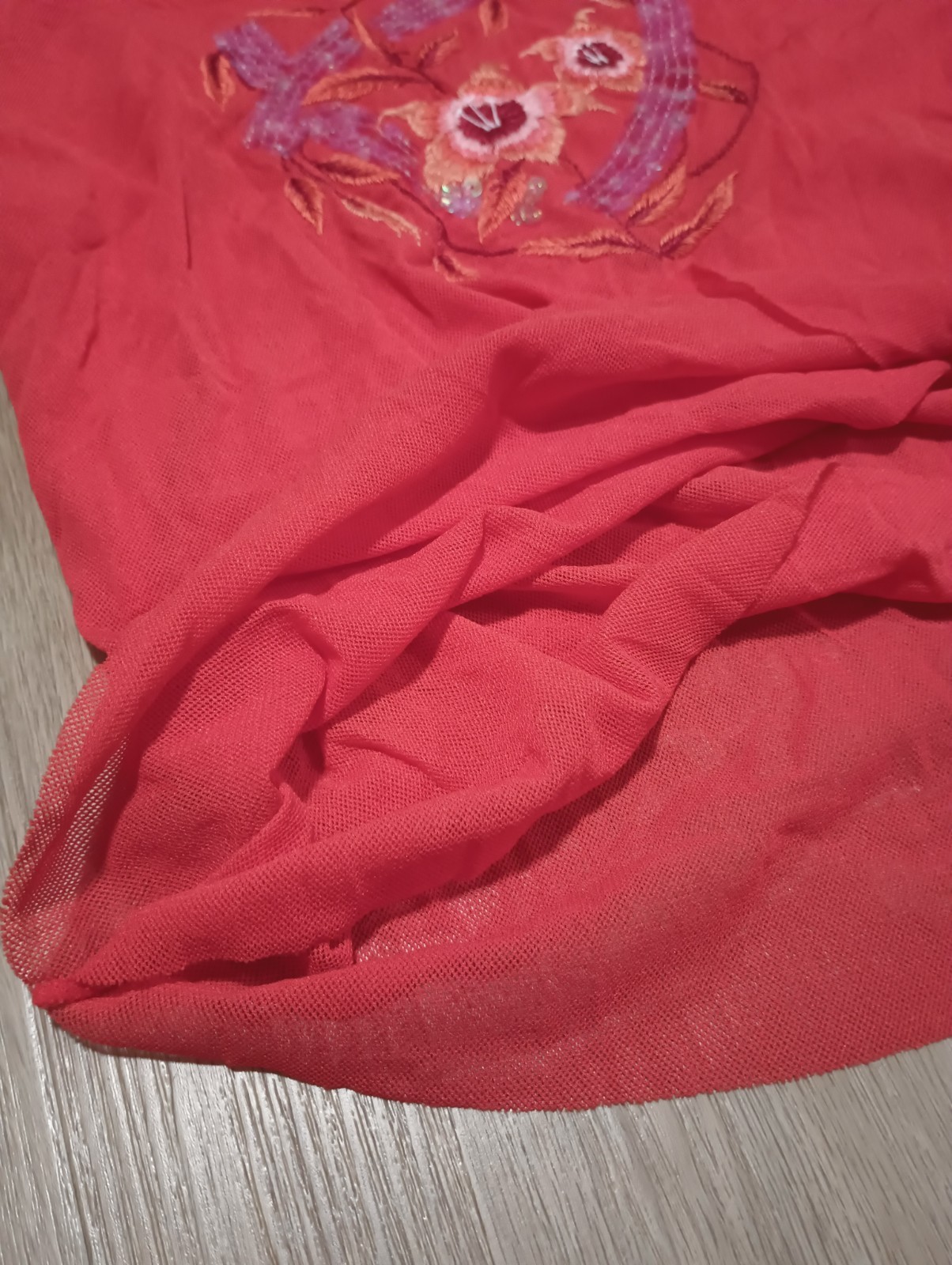 Vtg 90s Orange Sheer Mesh Fishnet Embroidered Sequin Artsy Floral Top Blouse XS