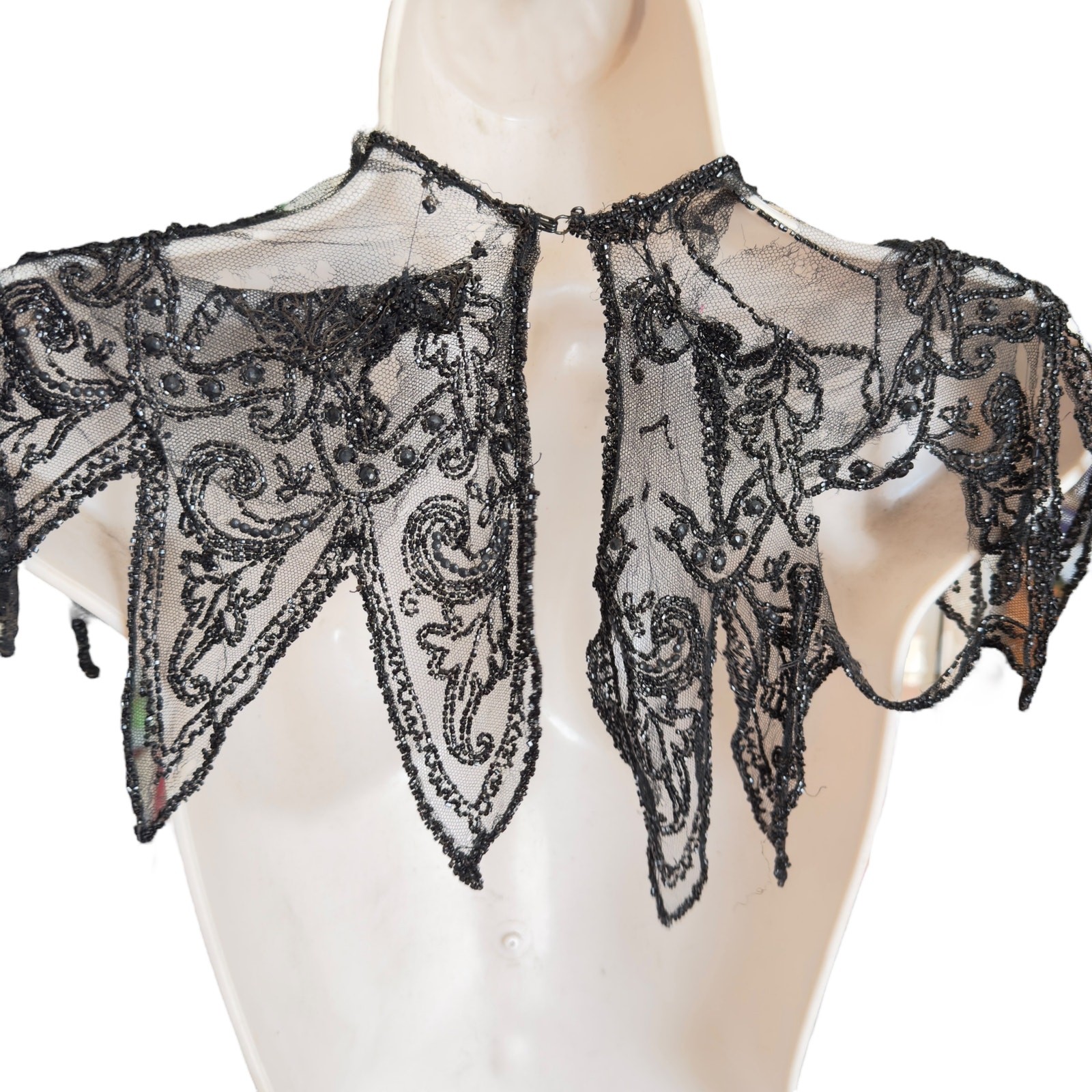 Antique Victorian French Jet Beaded Net Mantle / Capelet Mourning Attire AS IS