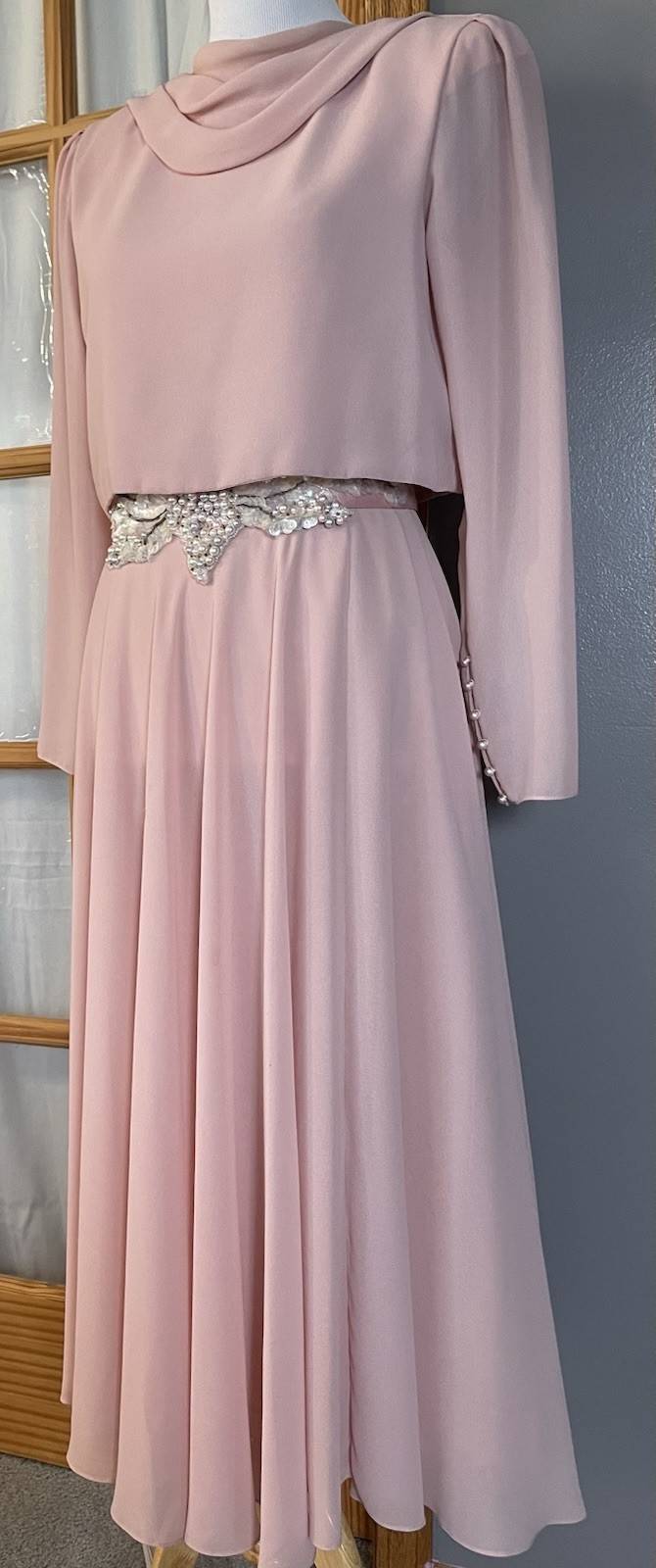 70s Cowl Neck Formal Evening Dress L Embellished Belt Faux Pearl Elegant Classic