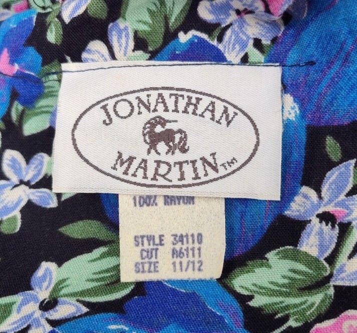 Vintage 1980s Blue and Pink Floral Drip Waist Ruffle Dress Size 11/12