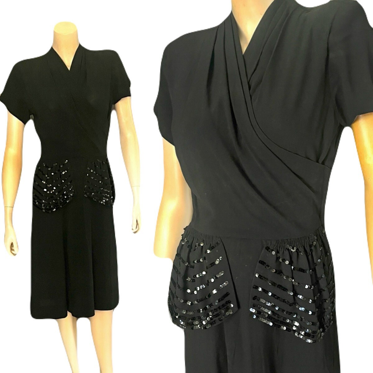 Gorgeous 1940s Inky Black Rayon Occasion Dress, Sequins , Draped Bodice, Petite