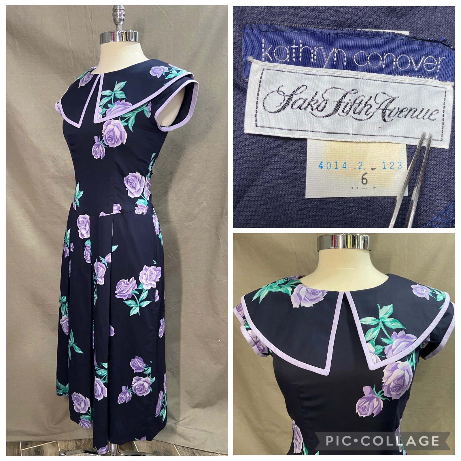 Vintage 1980’s Kathryn Conover Saks Fifth Avenue Navy Purple Floral Dress NWT