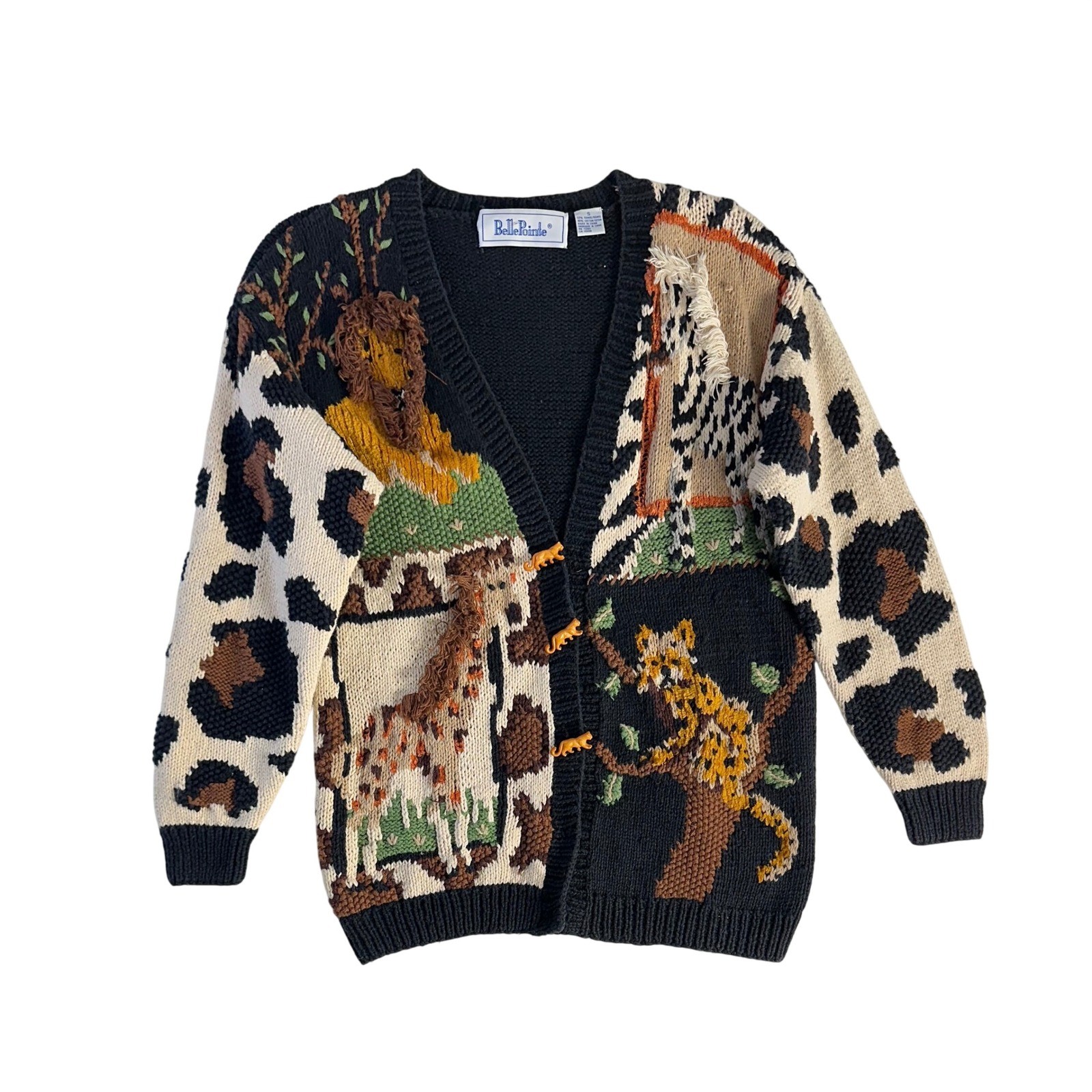 BellePointe Vintage Safari Animal Intarsia Chunky Knit Cardigan Sweater Black S