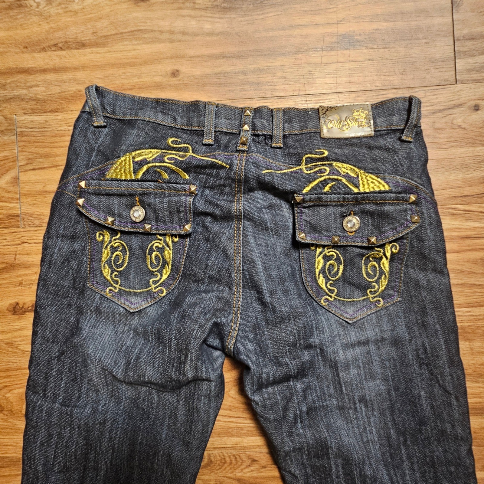 VTG Old Skool Gold Embroidered Studded Straight Jeans 15 Rocker Affliction Y2K