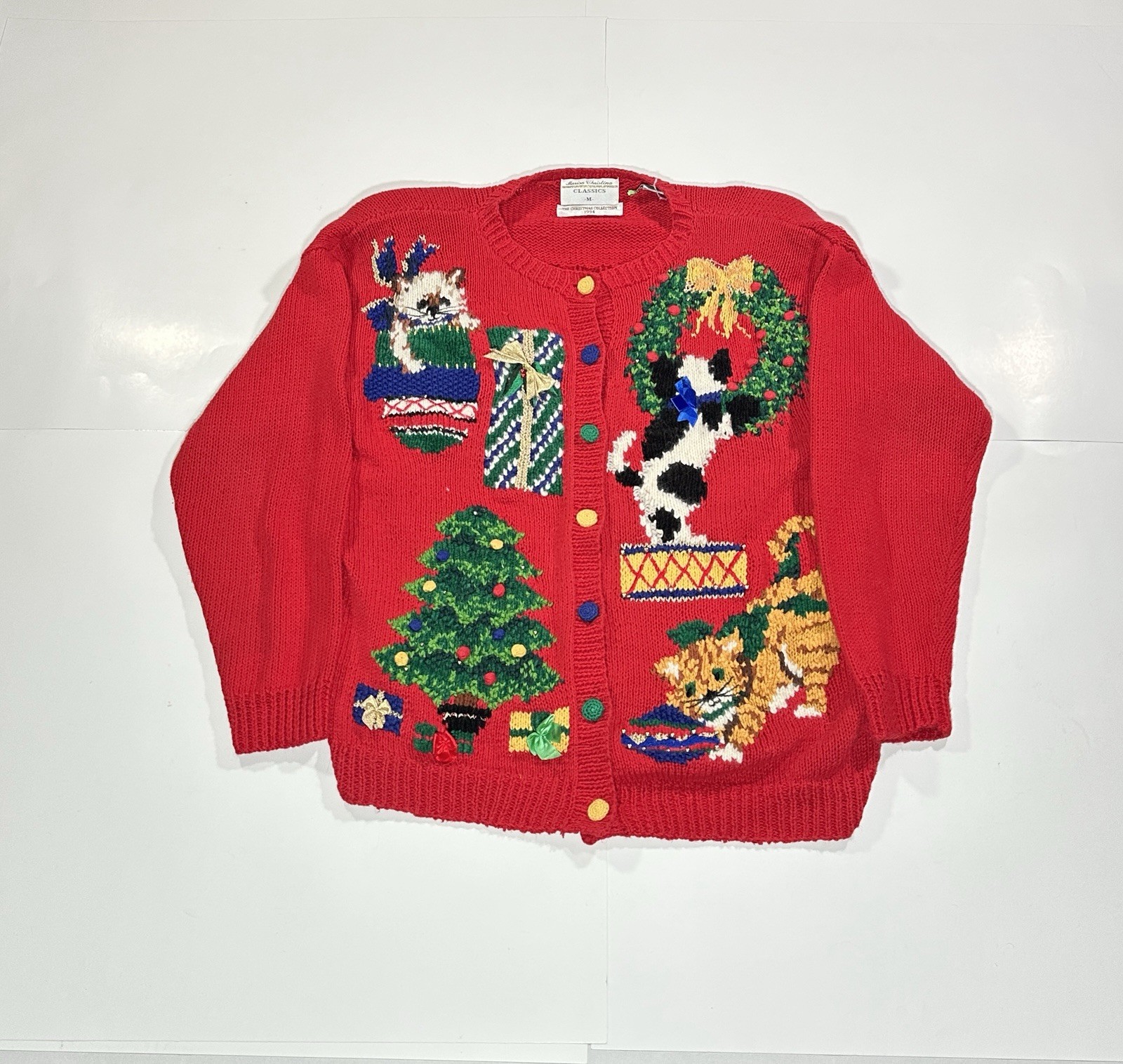 Vintage Marisa Christina 1994 Christmas Hand Knit Cardigan Sweater Medium CATS