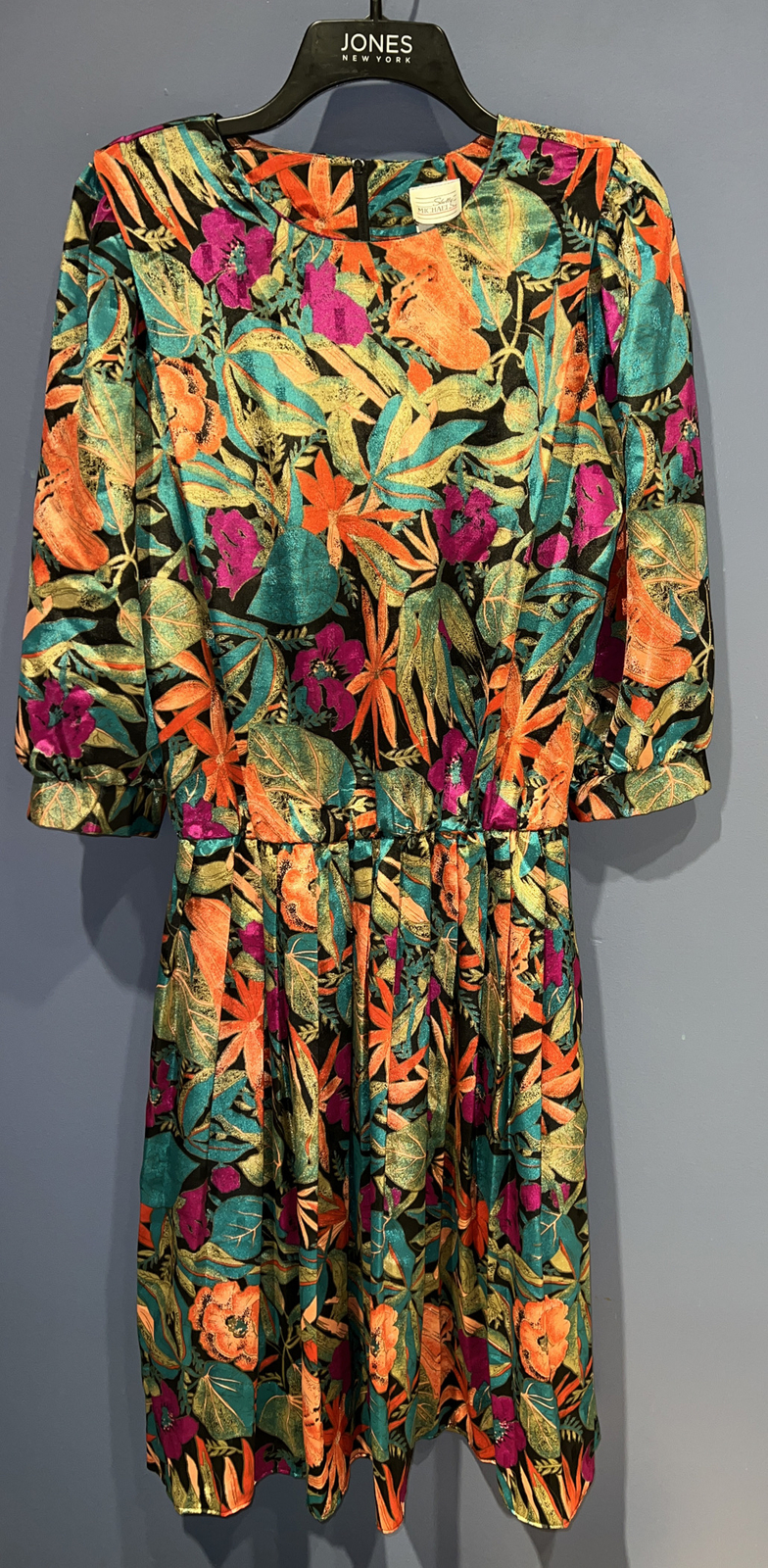 11, 12 Dress, Polyester Secretary 1980’s, Shelly Michaels, Tropical, Pleated Ski
