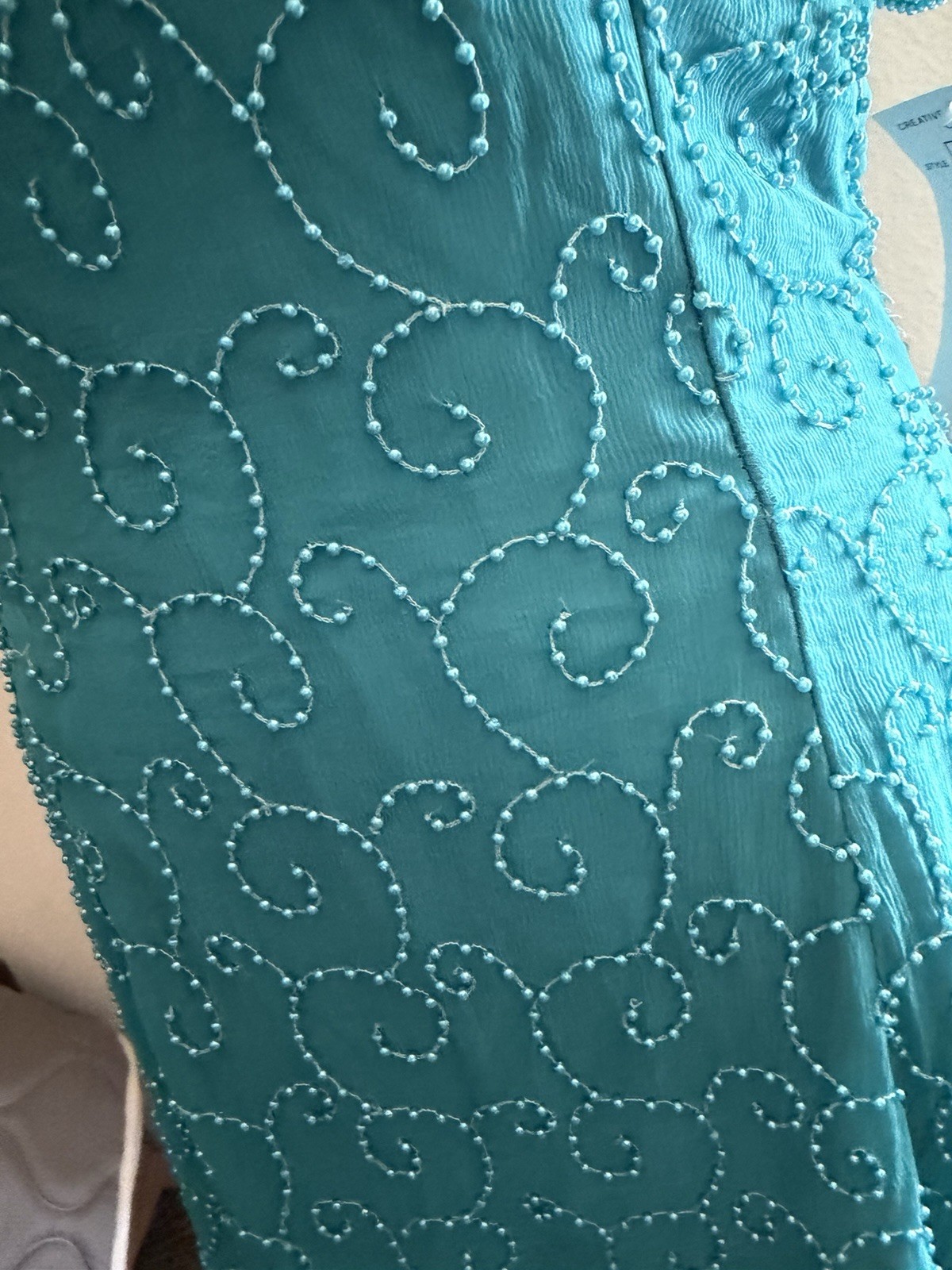 Creative Creations Vintage 100% Silk Dress – Teal Blue Beaded Embroidered Size 8
