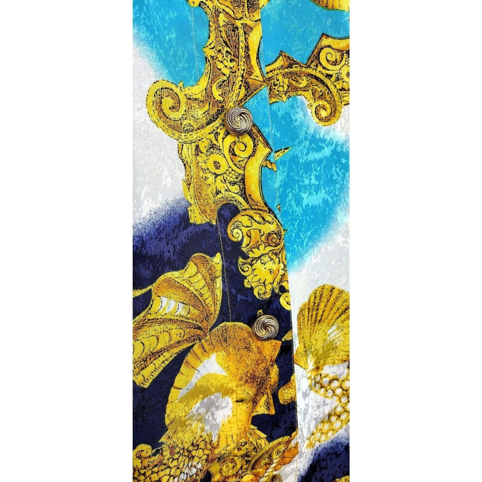 Vintage 80s Baroque Nautical Brocade Shells Chains Scarf Print Statement Blouse