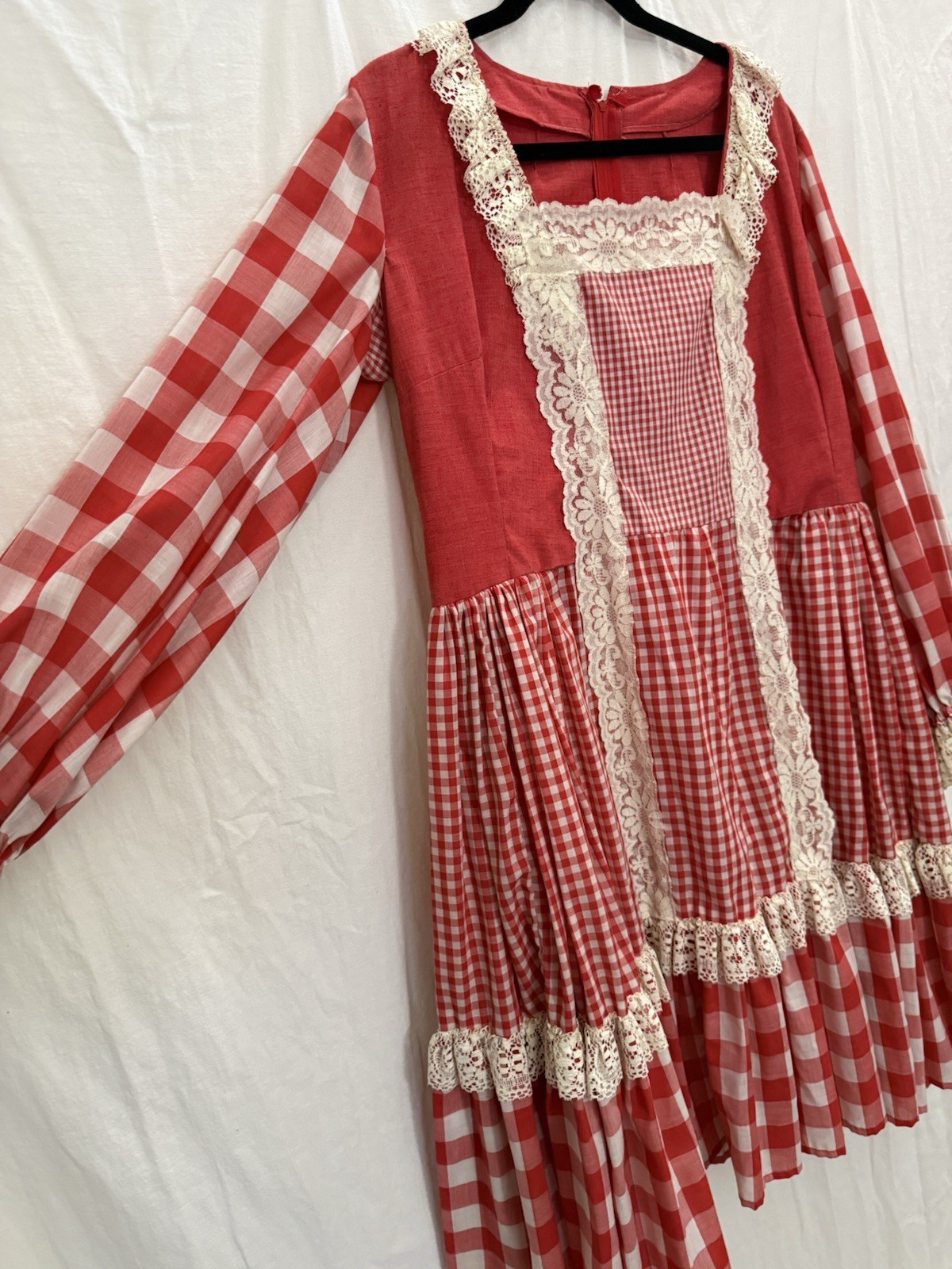 Vtg 70s Handmade Prairie Dress Red Gingham Lace Bib Farmhouse XL Storybook Style