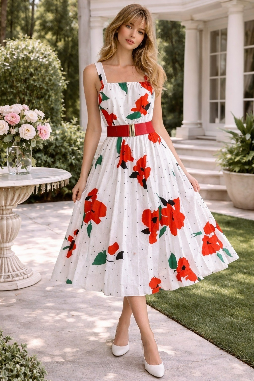 Vintage Haggar’s Women’s Wear Floral Polka Dot Pleated Midi Dress White Red Gree