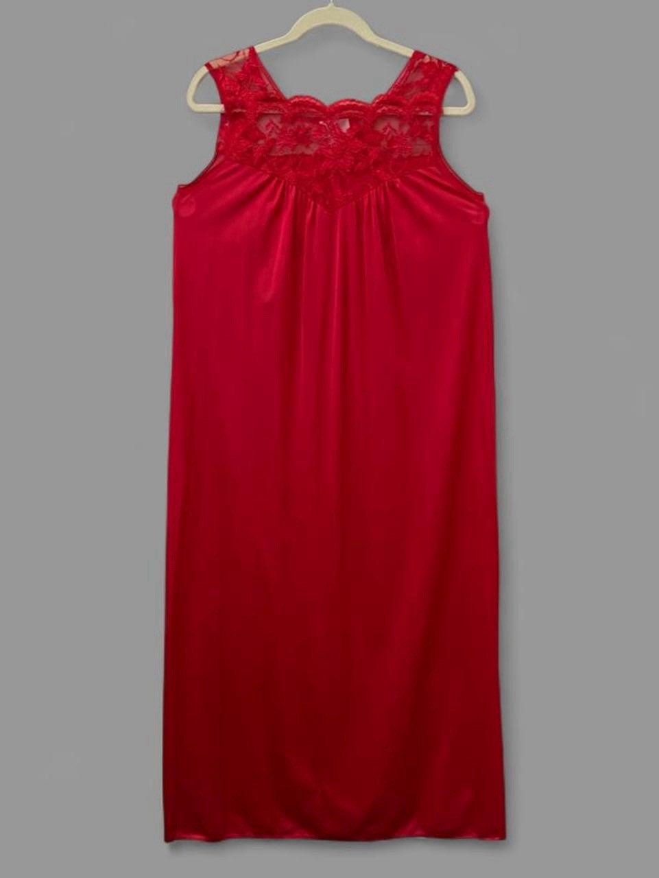 Vintage Night Gown Samye Red Lace Maxi Slip Dress with Floral Lace Trim