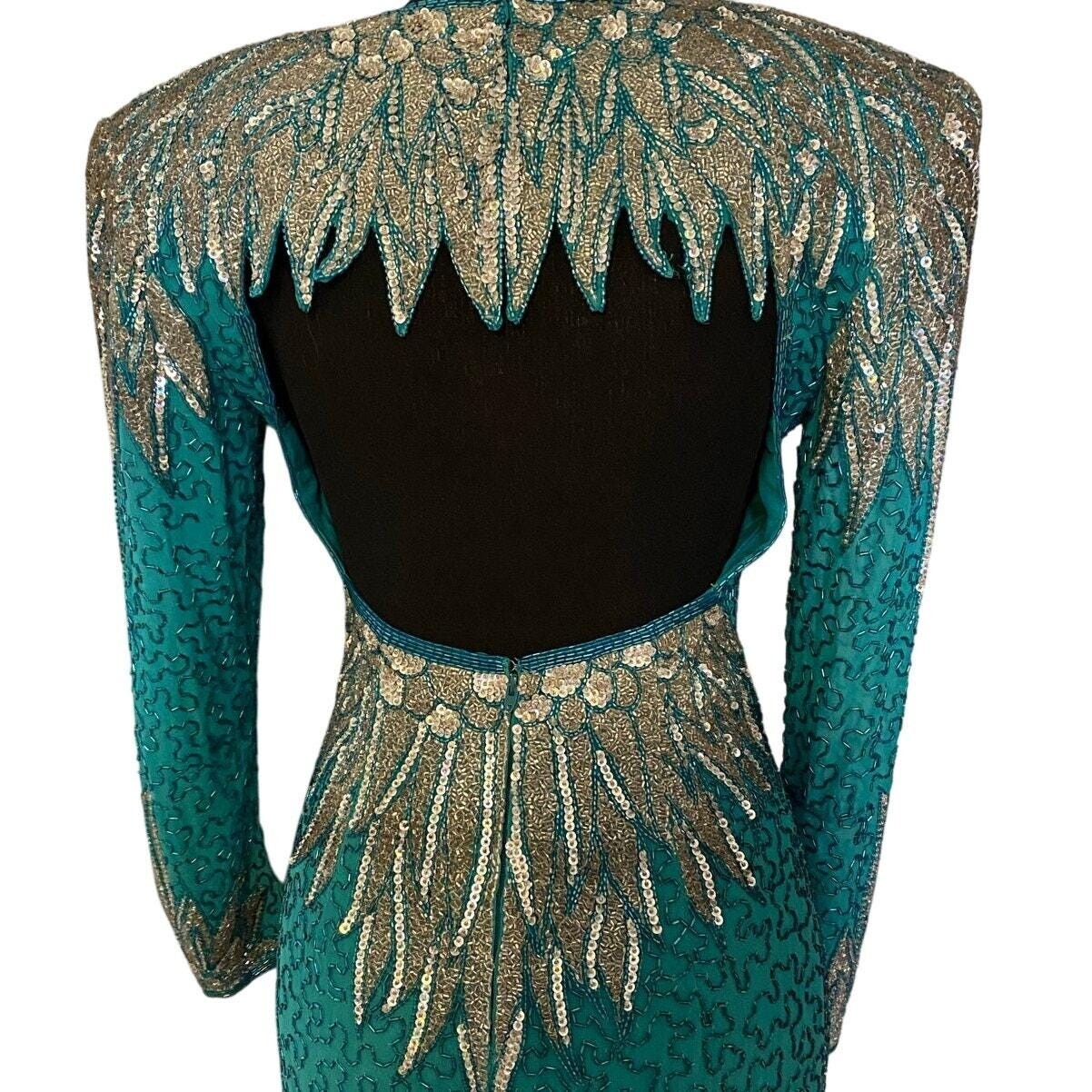Vintage 80s Naeem Khan Riazee Nights Beaded sequined Teal 100% Silk Gown size 6