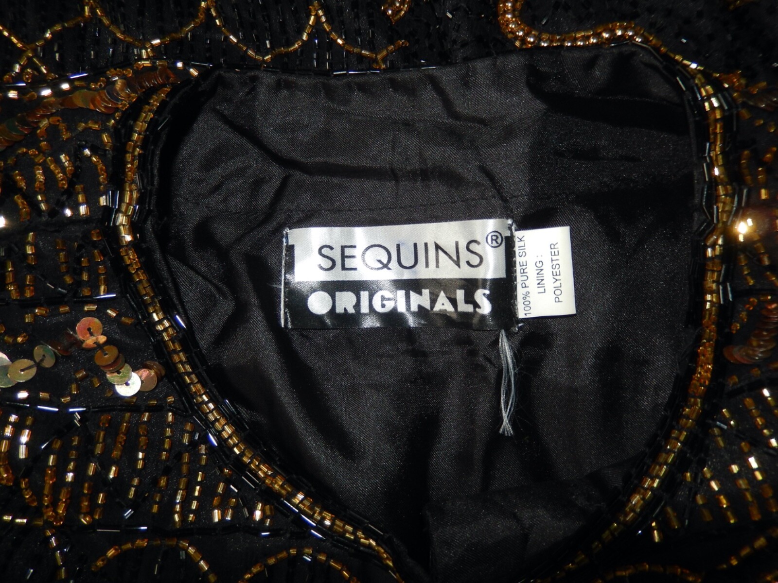 Vintage 90’s Y2K Black Gold Sequin Silk Beaded Glam Bling Trophy Jacket Top L/XL