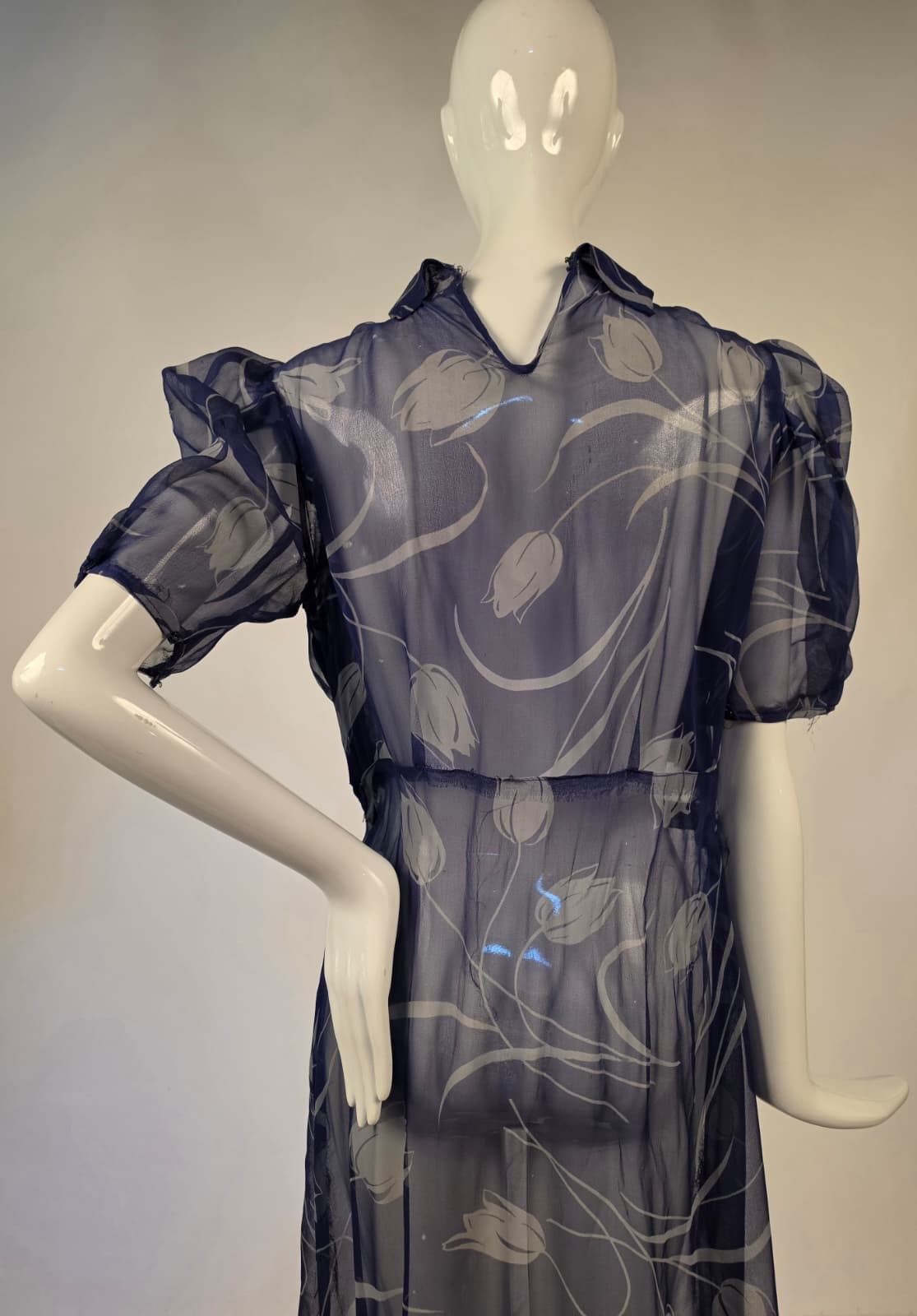 1930’S TULIP PRINT SILK CHIFFON DRESS W PUFF SLEEVES – AS ACQ