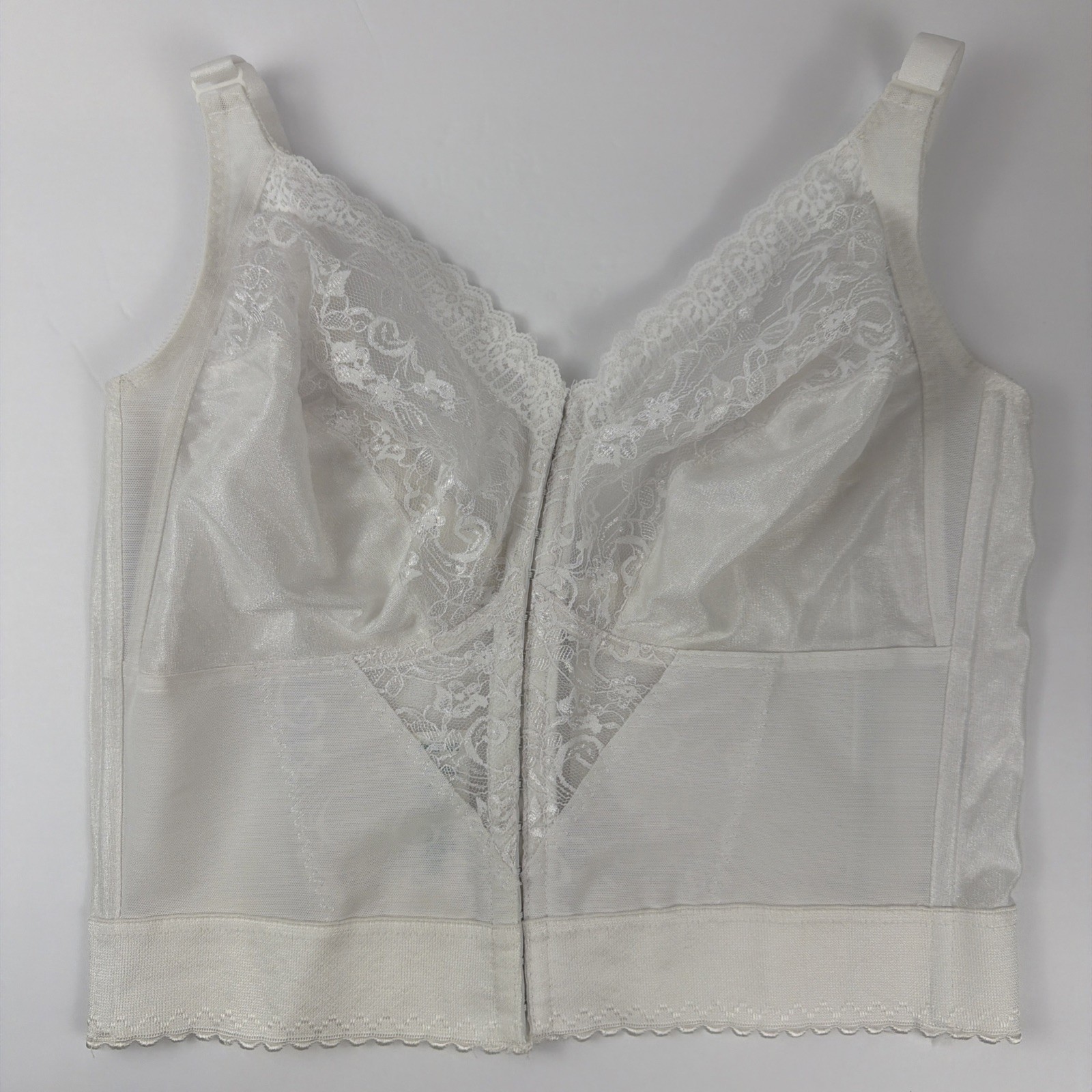 Vintage Carnival 40DDD Longline Bra White Lace Front Hook Boned Style 745