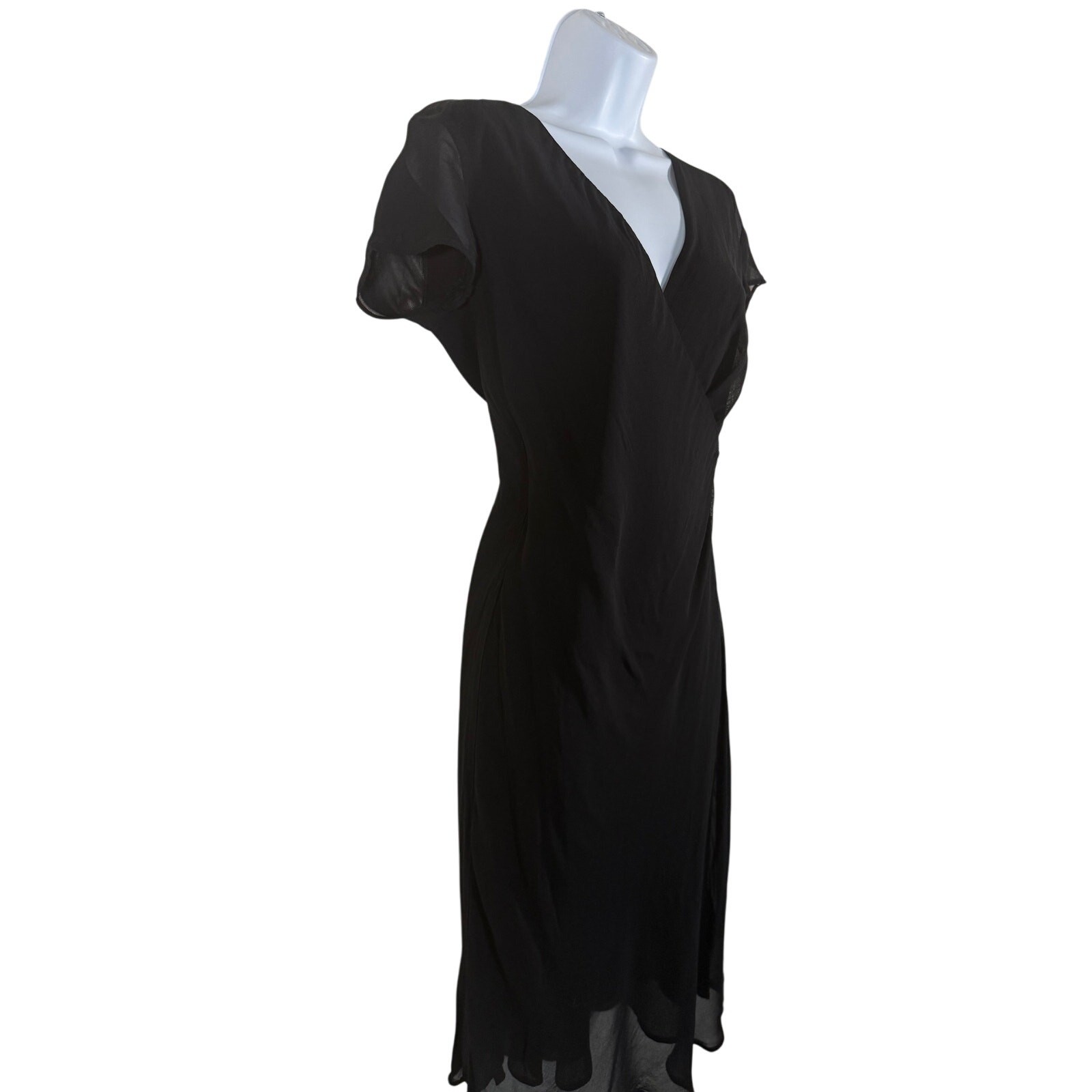 Vintage 90s Tessuto Black Flutter Sleeve Chiffon Button Front Wrap Dress Size M