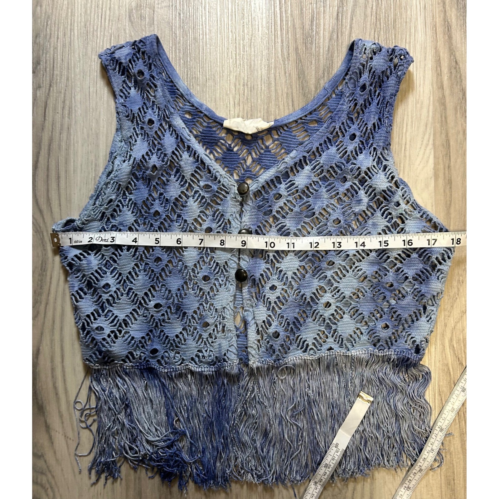 Vintage ripe Clothing Blue Tie Dye Crochet Fringe Vest Boho Festival Knit Crop