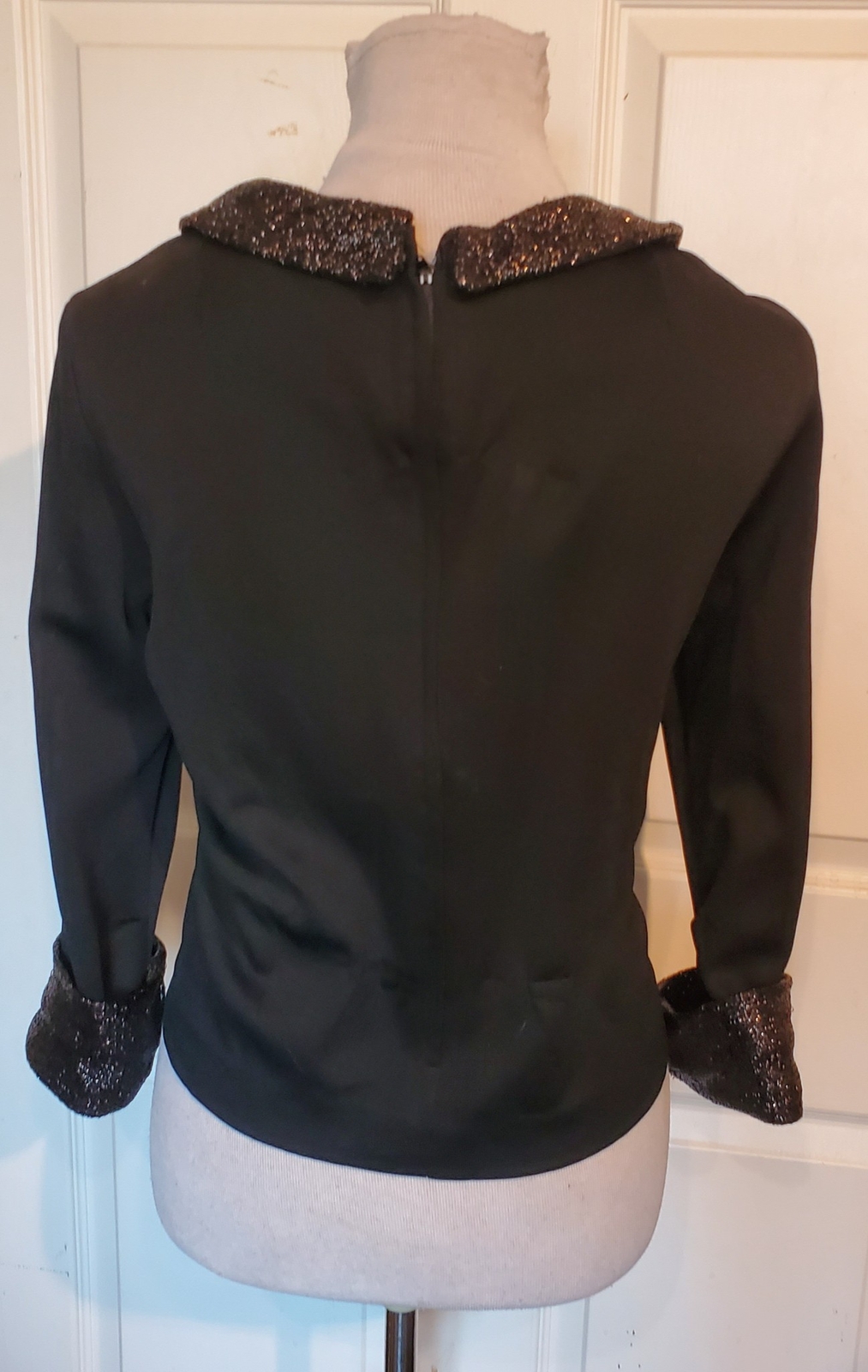 Vintage 70s Black Polyester Knit Top Lurex Collar & Cuffs B42