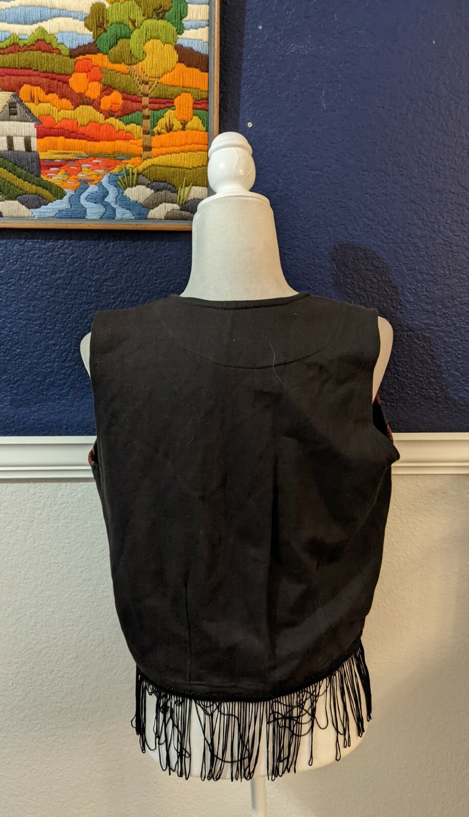 VTG HG NY Vest Fringe Ribbon Black Velvet Floral 100% Cotton Sz Medium M