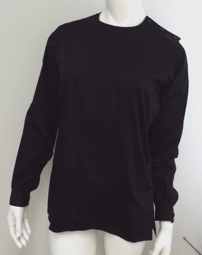 VTG 1970s Yves Saint Laurent Rive Gauche Black Side Button Tunic Blouse 42 YSL