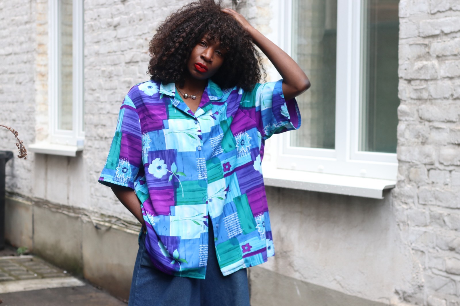 Vintage Blouse Abstract Pattern Blue Purple 90s Oversized Short Sleeve Shirt L