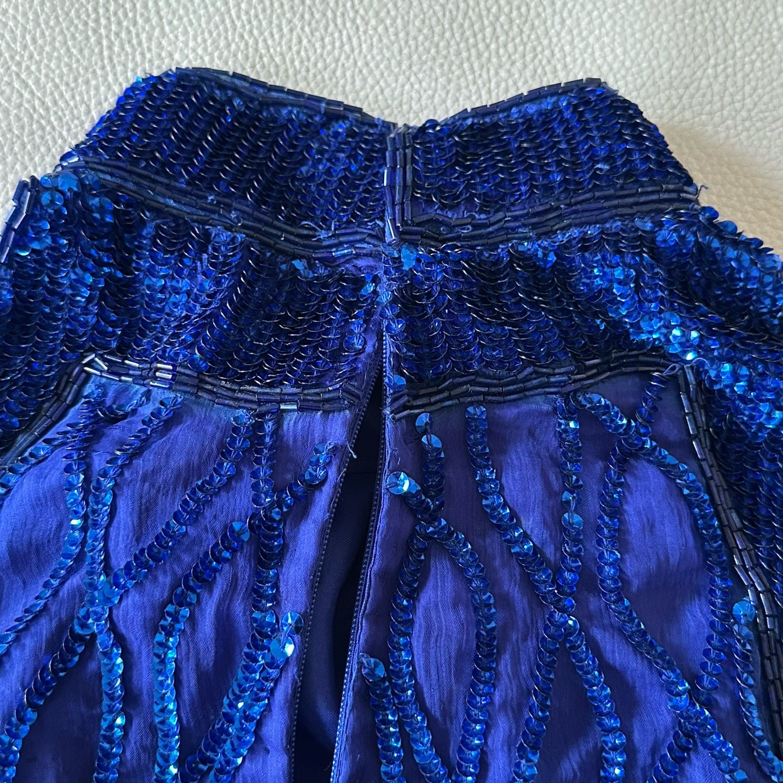 Vintage LAURENCE KAZAR Royal Blue BEADED Sequin Silk HALTER GOWN Long Formal M