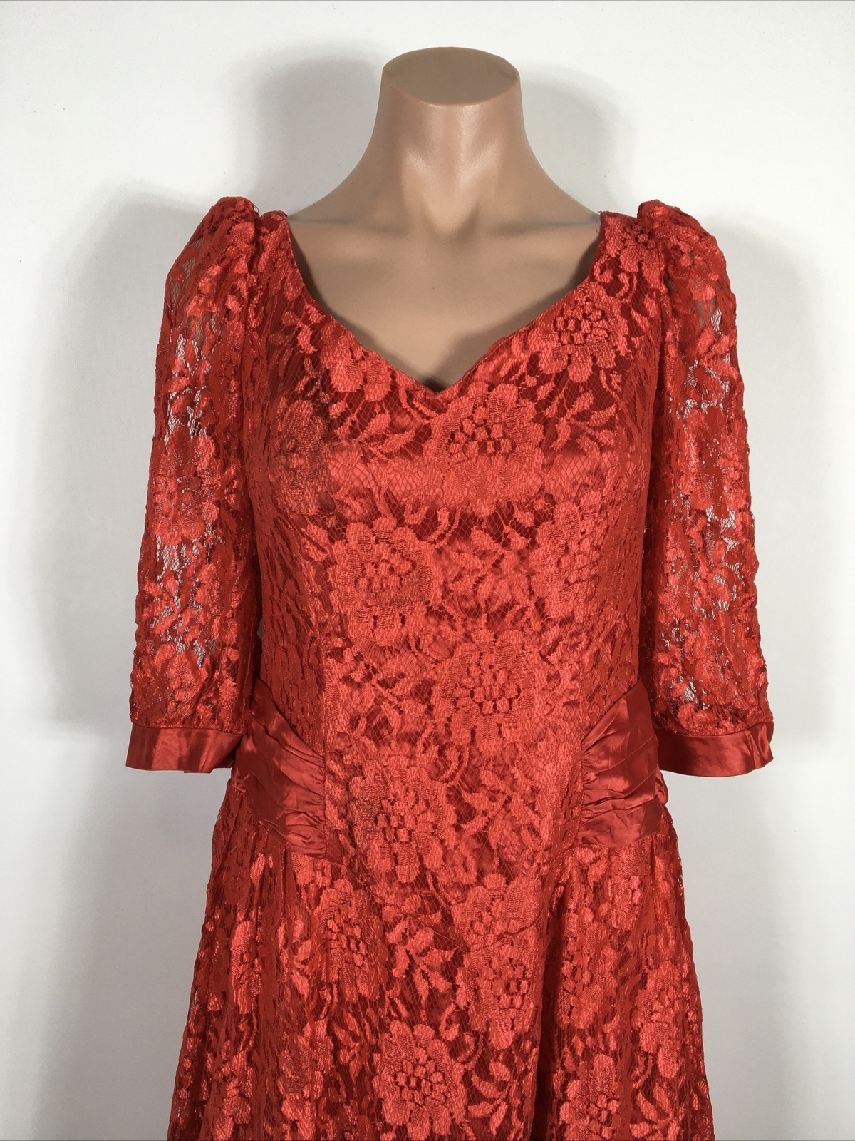 VTG 80s Prom Red LACE PUFFY BUBBLE SLEEVE Party Formal Bows Evening Dress Gown S