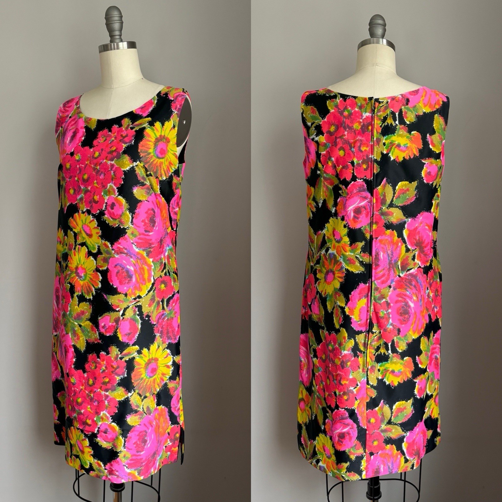 Vintage Mod 1960’s Neon Pink Day Glo Roses & Floral on Black Shift Dress XS/S
