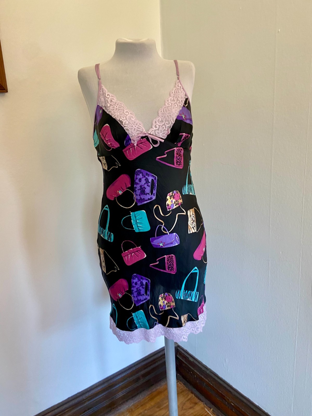 VTG Nicole Miller 2000 100% Silk Slip Dress Bag Purse Print Animal Lace RARE Pur
