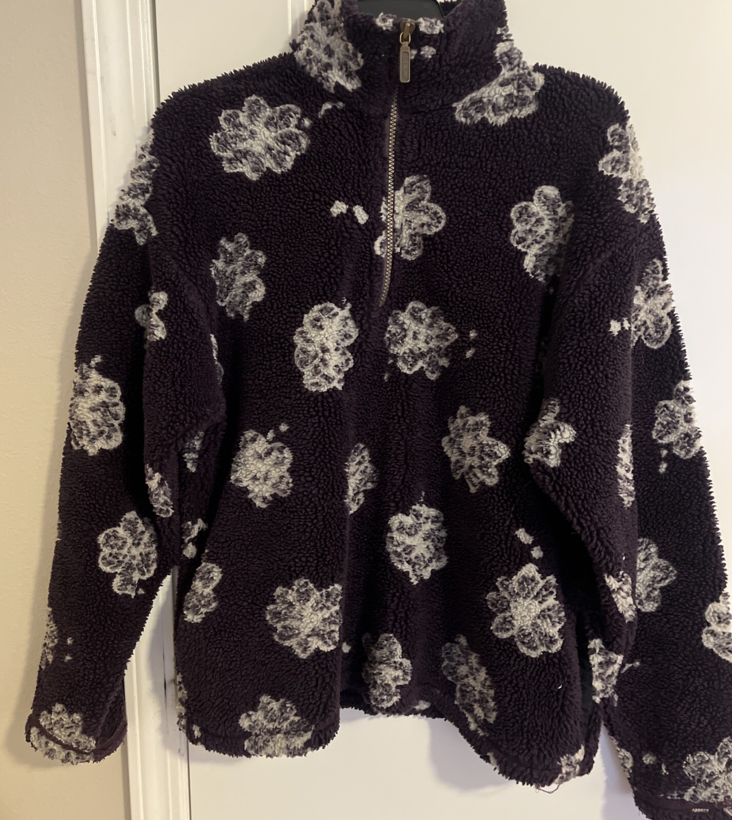 Vintage L.L. Bean Sherpa Fleece Jacket Flower Print Purple Women’s M:Youth XL