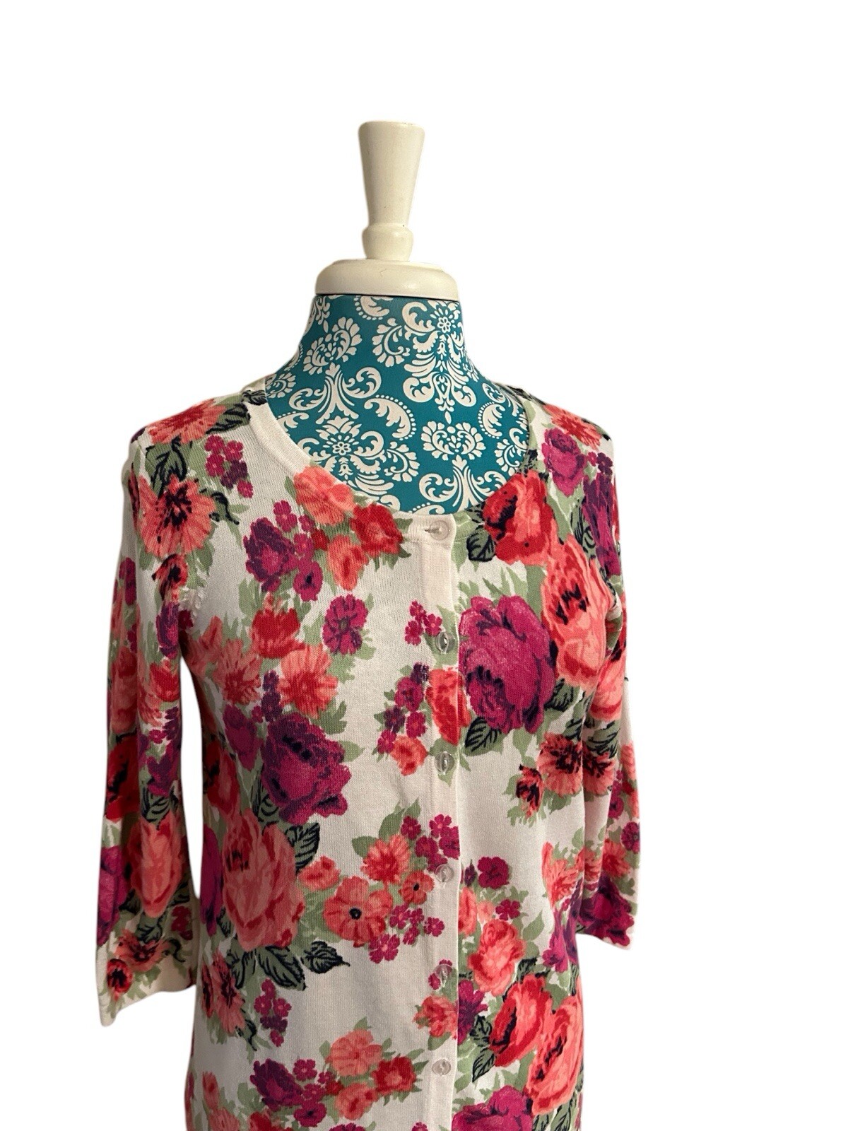 Vintage Laura Scott Floral Pink & Aqua Roses Cardigan Sweater Cottagecore Shabby
