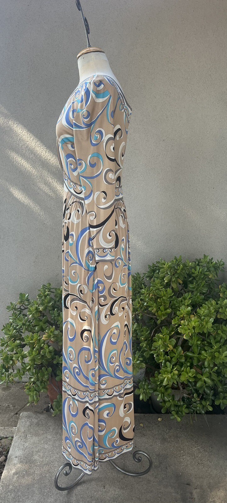 Vintage Modern 70s Emilio Pucci Maxi Dress Beige Blue Silk Polyester Sz small