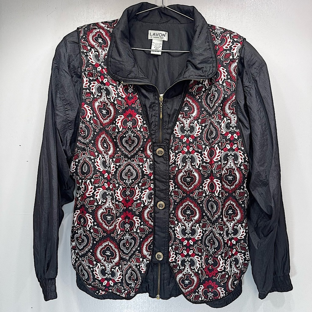 Vintage 80s Satin Tracksuit Jacket Black & Red Layered Look Zip Front Lavon XL