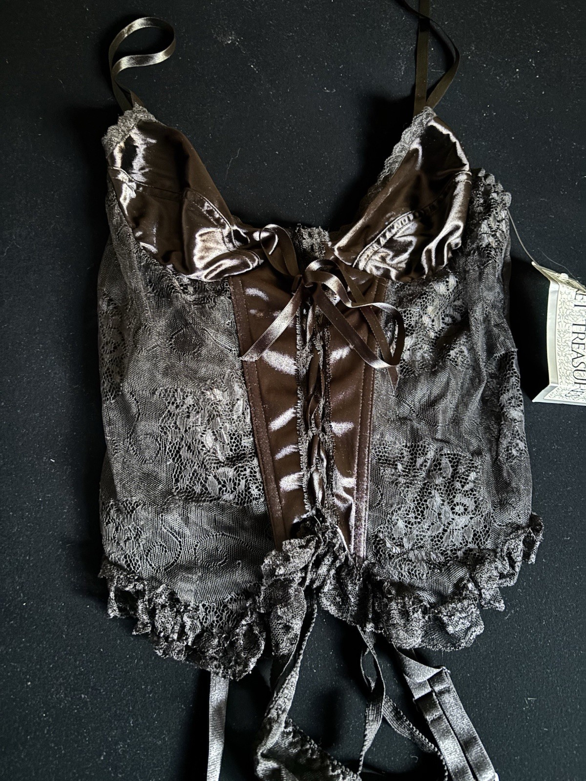 Vintage Secret Treasure Black Satin Sissy Teddy Thong Sz L NWT