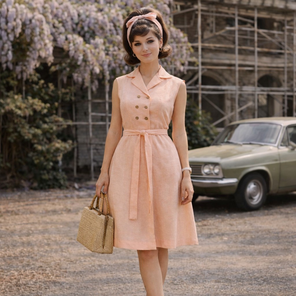 Vintage 1960s / 1970s Pastel Peach Dress Shirtdress MCM Double Breasted Sz Small