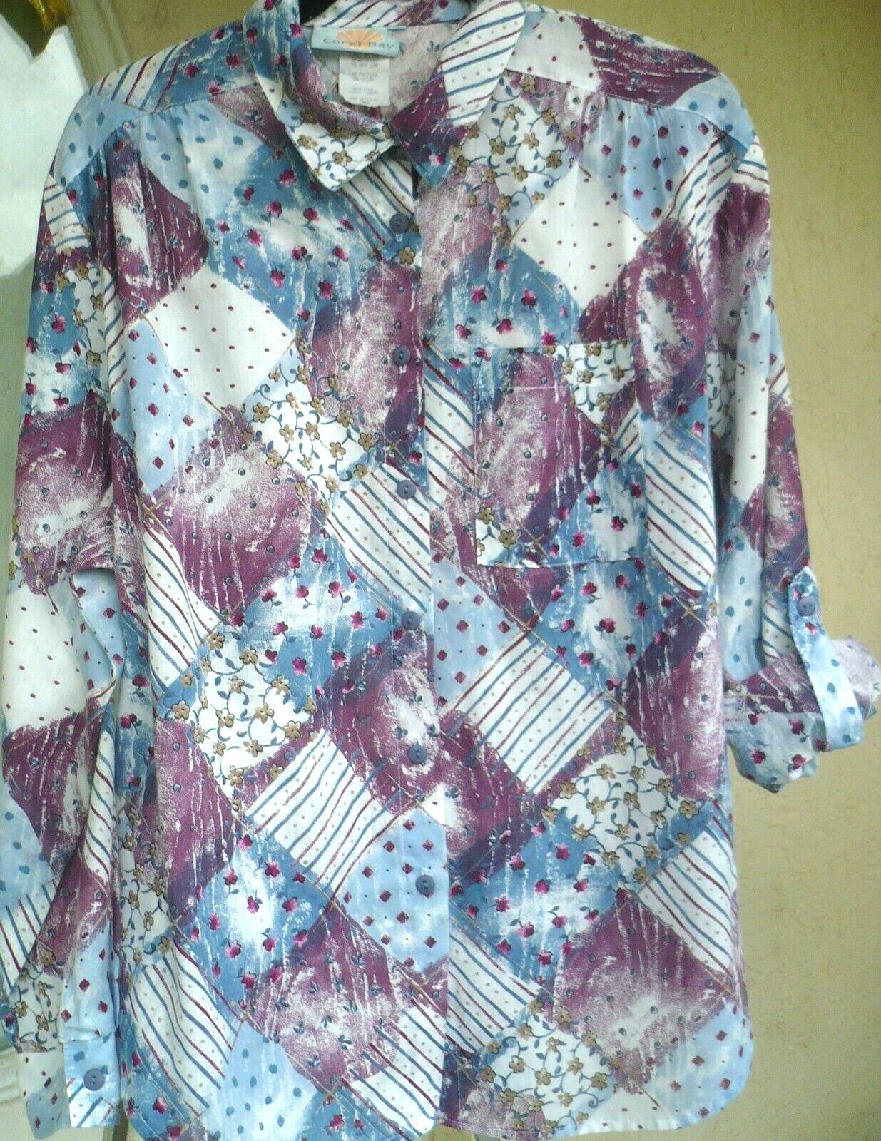 VTG CORAL BAY 80 90S BUTTON UP COTTON FLORAL PATCHWORK PRINT XL L TAB SHIRT LADY