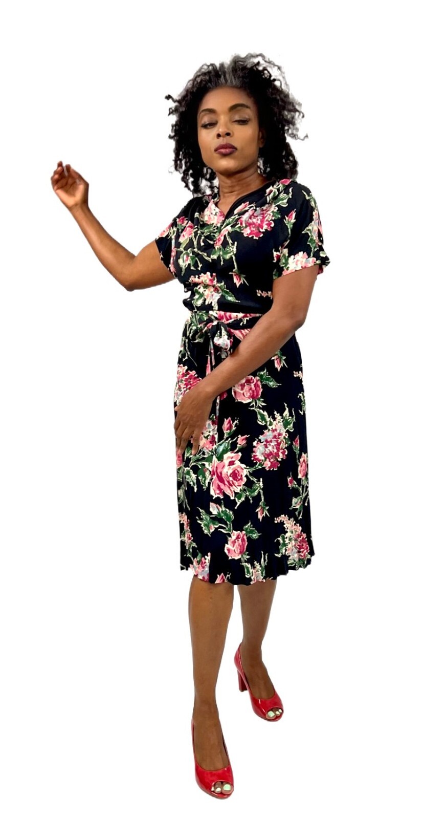 Famous Frocks VTG 1940s WW2 Black Rayon Floral Dress Pink Green Print Swing M