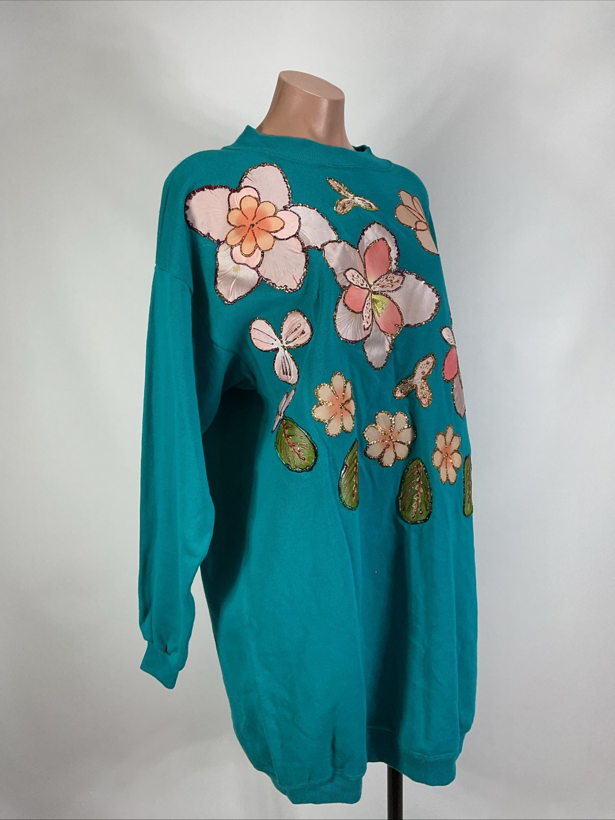 Vintage Hanes Her Way Sweatshirt Dress Floral Gold Accent Embellished Crewneck