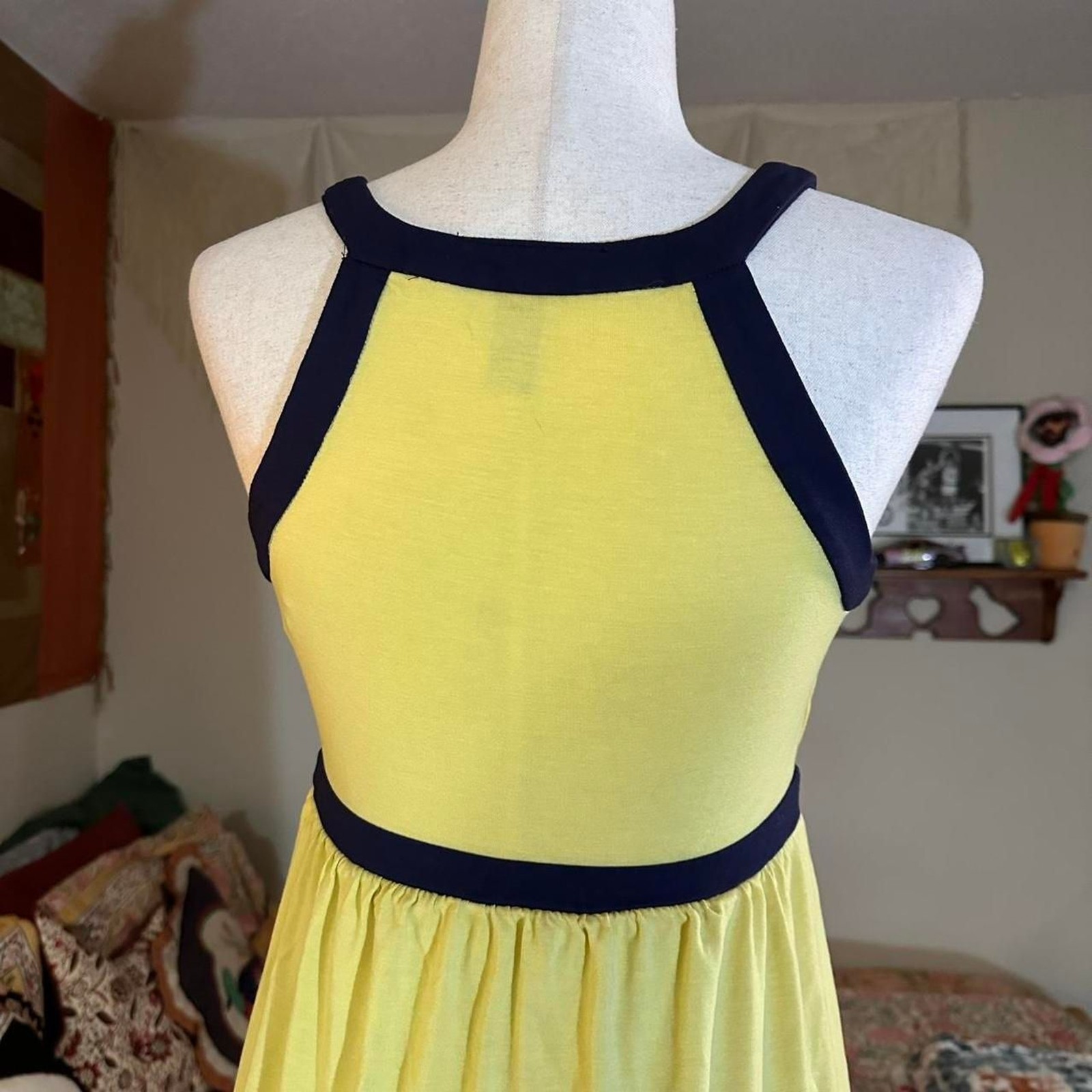 Yellow and Navy Summer Floral Embroidered Mini Summer Dress