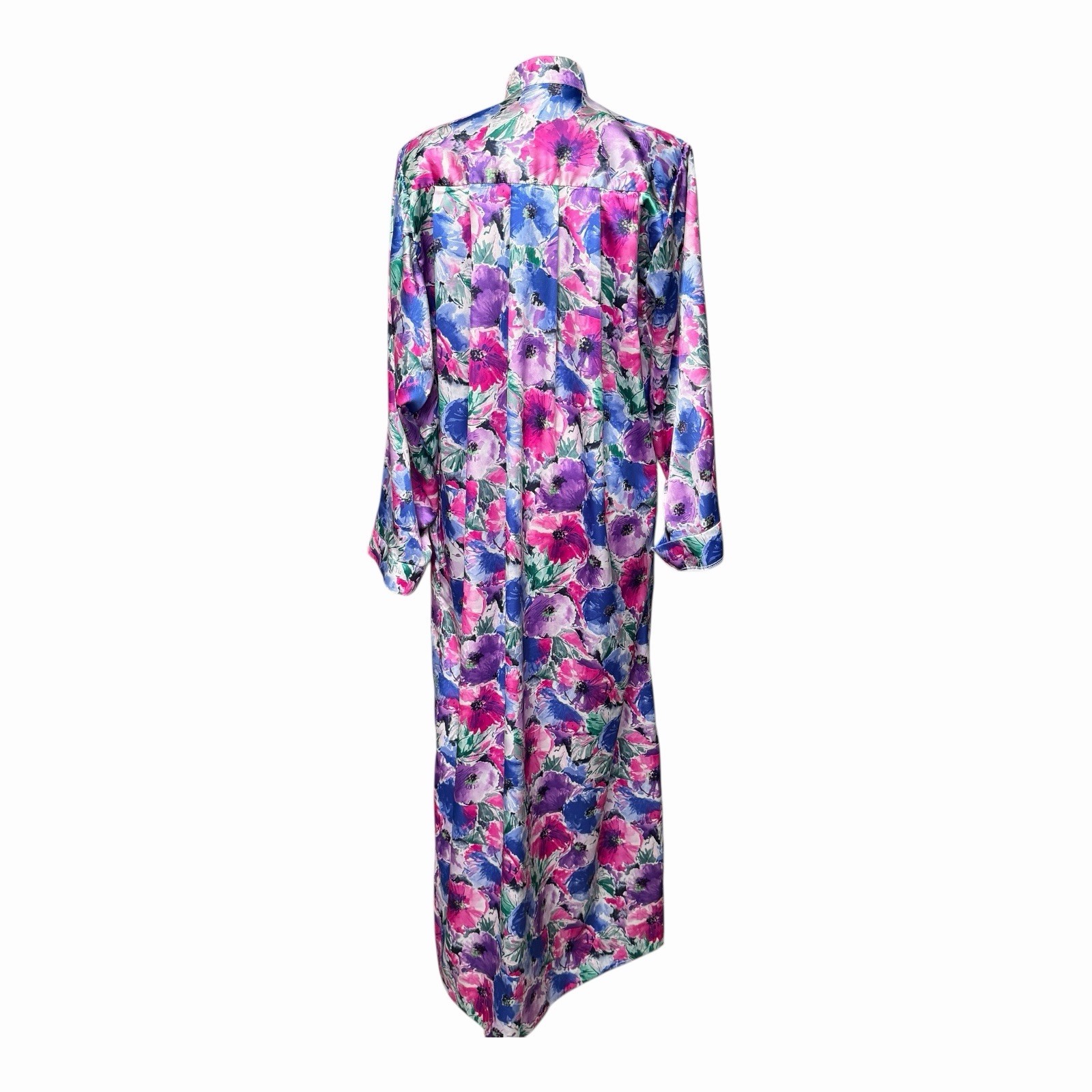 VTG Ariel Floral Satin Kaftan Maxi Robe Gown Small Zip Front Shoulder Pads 90s