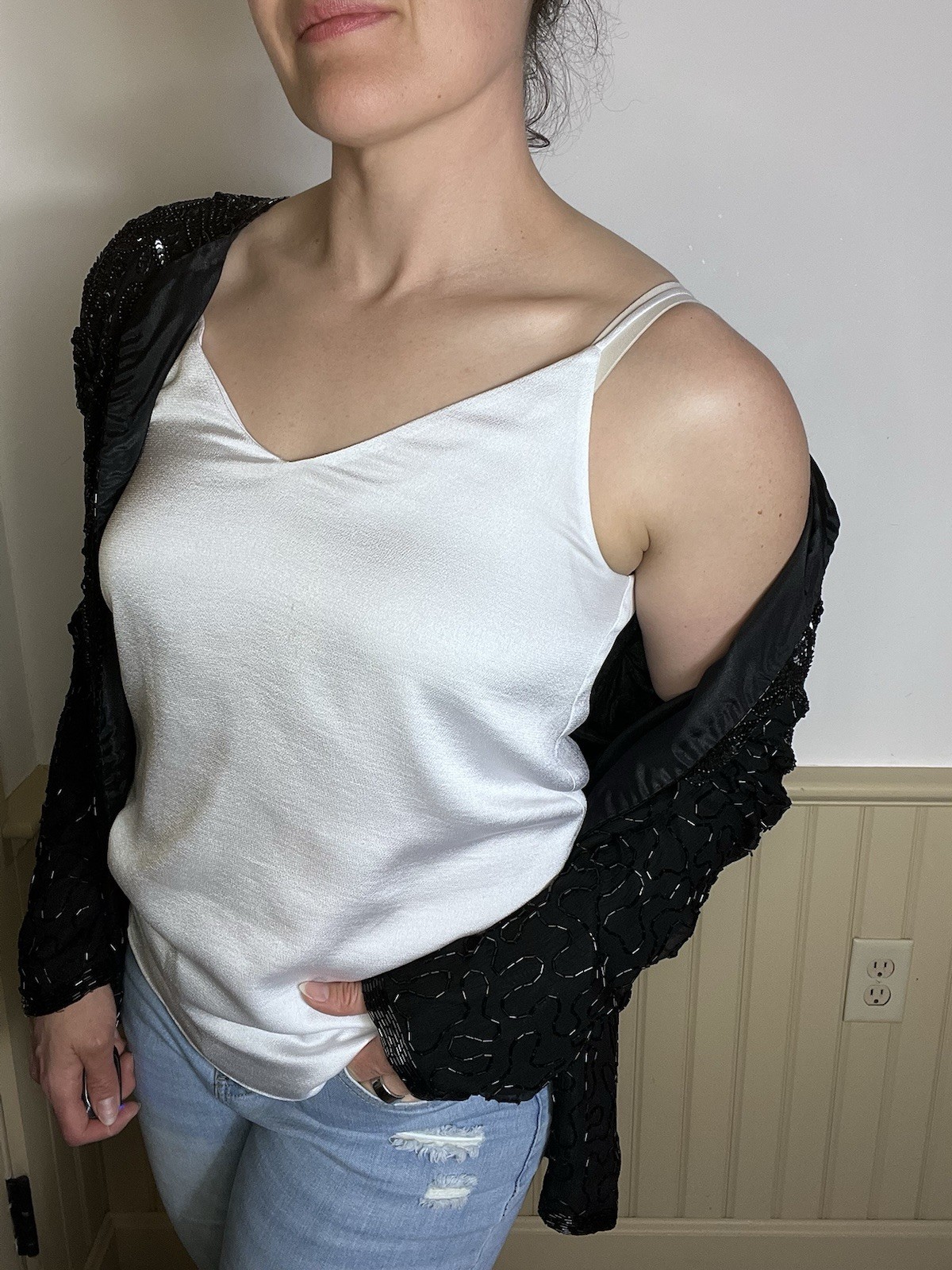 Vintage Adrianna Papell Evening L Black Silk Beaded Jacket Sequins Wedding Party
