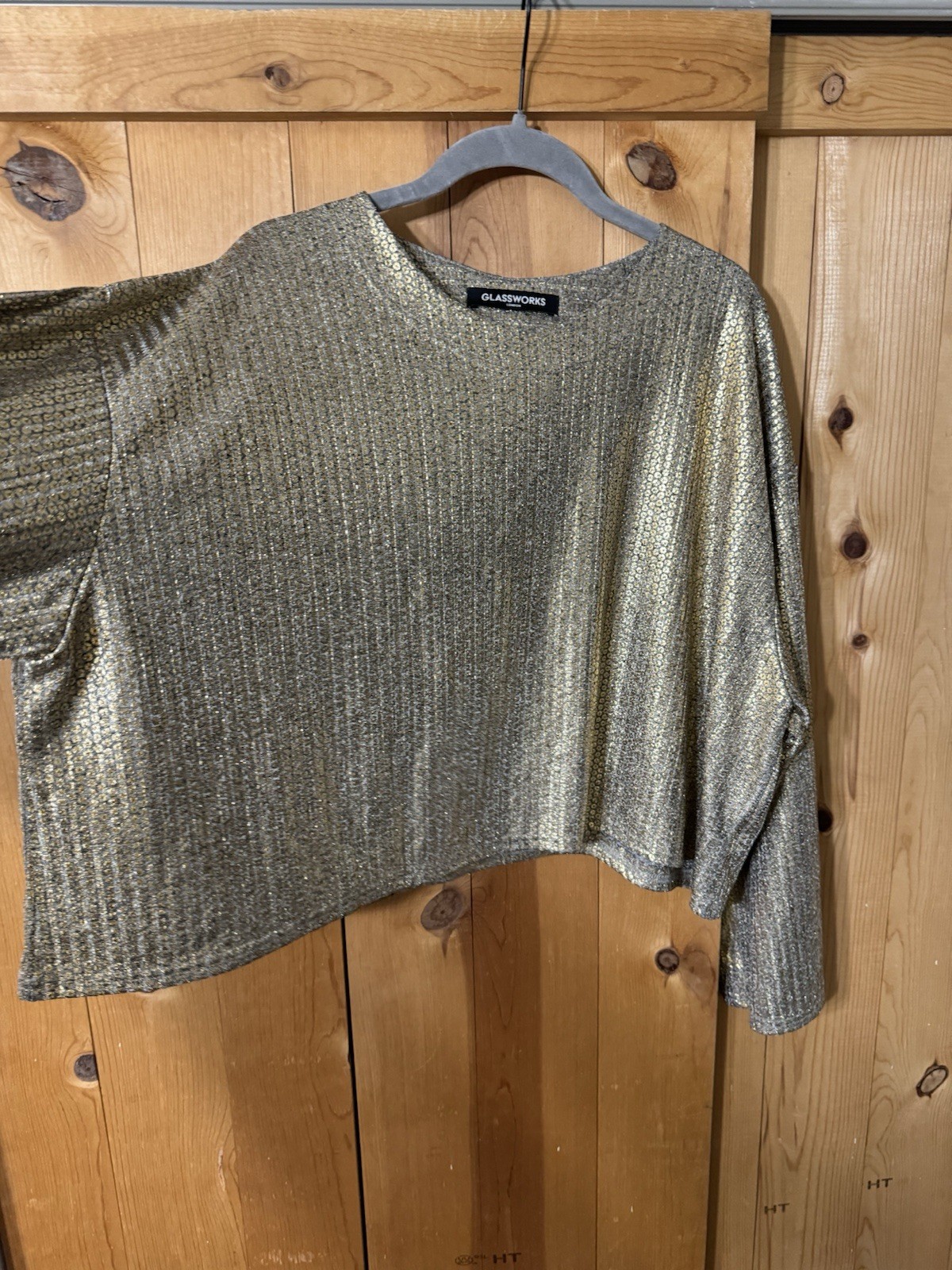 VTG GLASSWORKS LONDON GOLD SILVER CROPPED DISCO BLOUSE RAVE WOMENS O/S