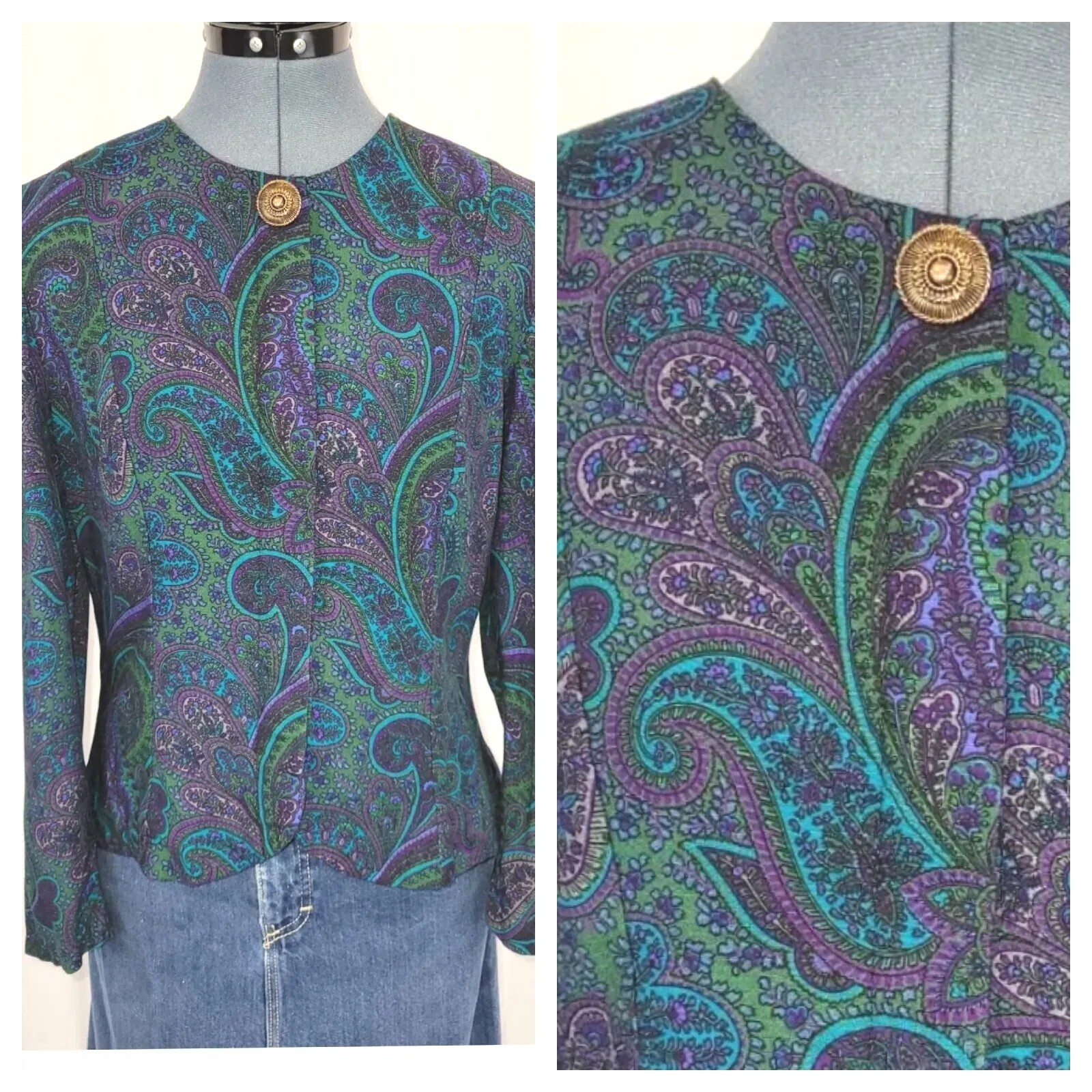 Vintage KC Spencer Green & Purple Paisley Jacket-Blouse Size 14