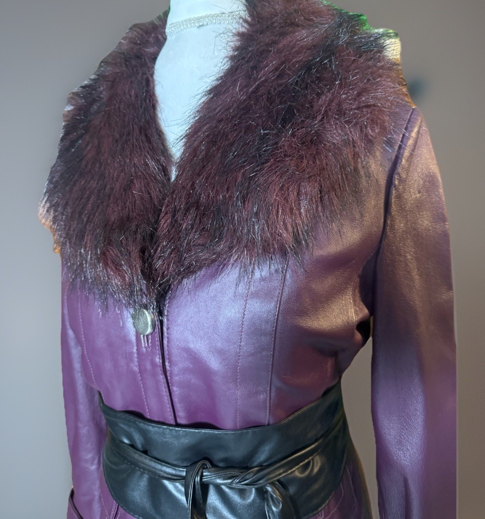 Vintage Plum Leather Jacket | Faux Fur Removable Collar | 90s Rich Aunt | Luxe