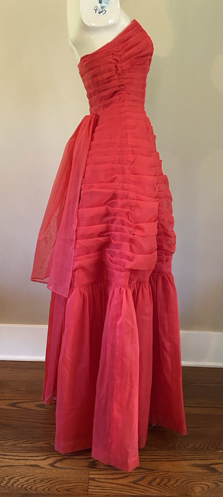 VTG 50s Red Chiffon Strapless Evening Cocktail Prom Gown Dress XS