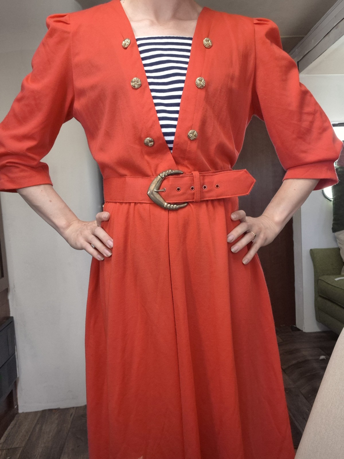 Vintage 80s Dress Casual Red Sailor Stripes Belt Tabby of California Size 12 L