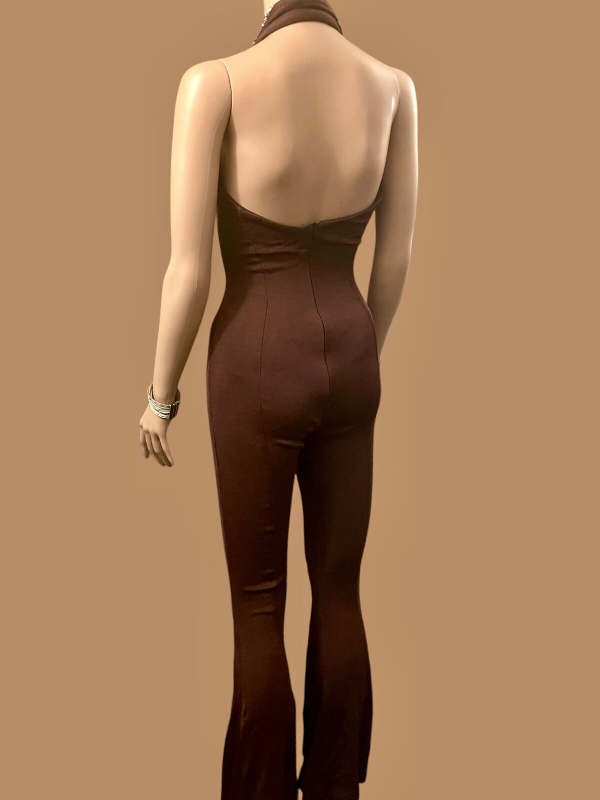 Scanlan Theodore Jumpsuit Vintage 90s Crepe Knit Halter Neck Flared Brown Size S