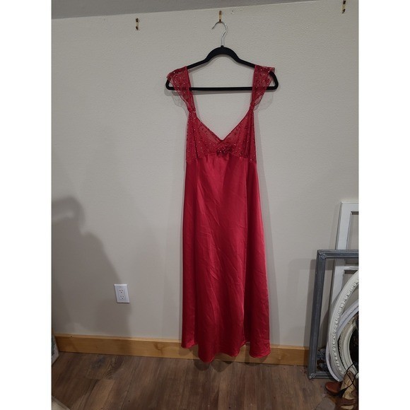 Vintage Delicates Coquette Red maxi lingerie slip gown tie back lace Women SZ XL