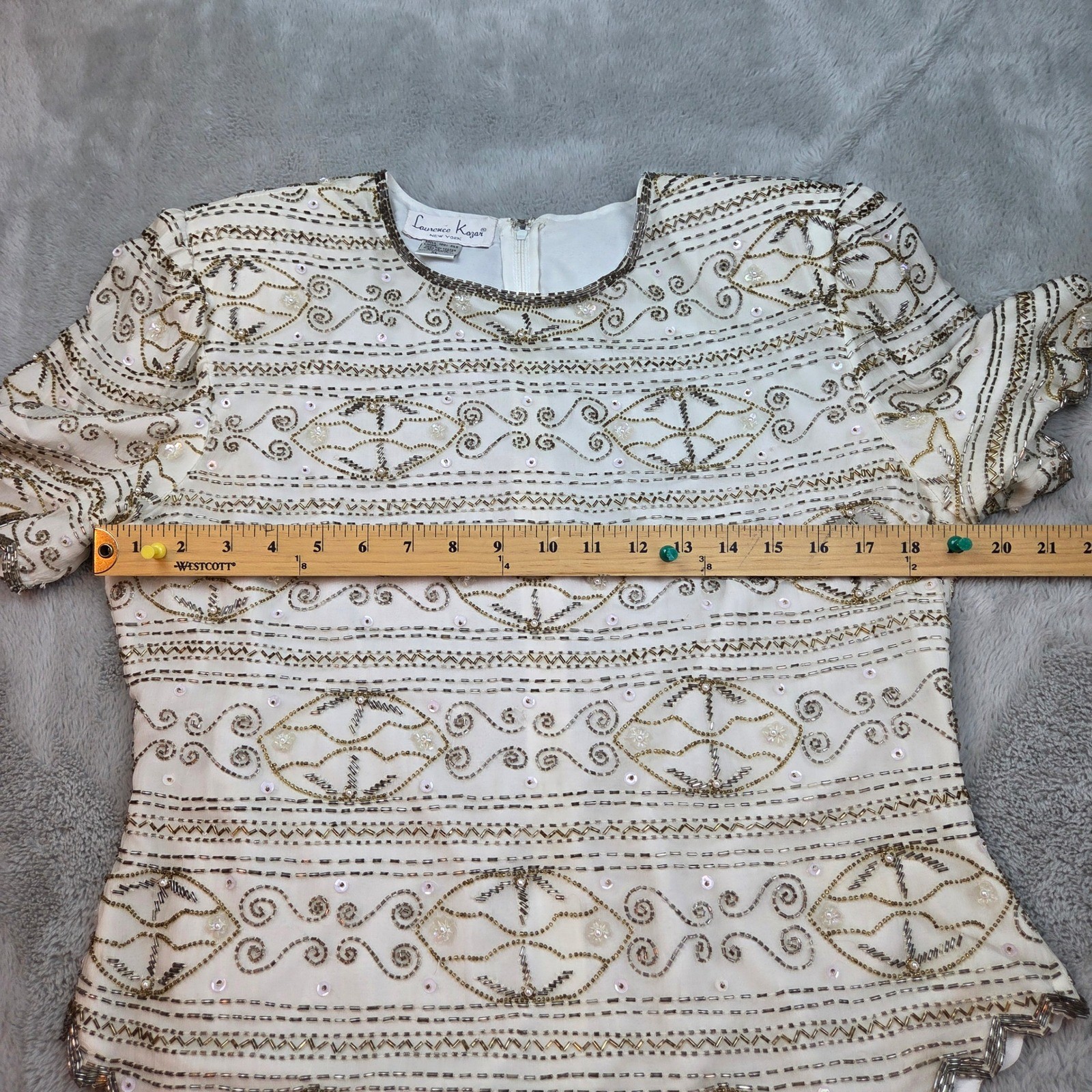 Laurence Kazar Beaded Silk Top Women XL Cream Gold Vintage Evening Scalloped Hem